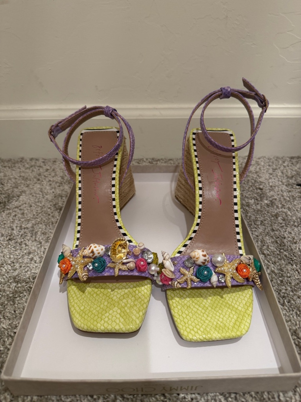 Betsey Johnson Purple Ankle Strap Wedges with Yellow Footbed